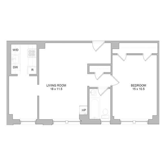 A floor plan of a room with a living room, bedroom and a kitchen.