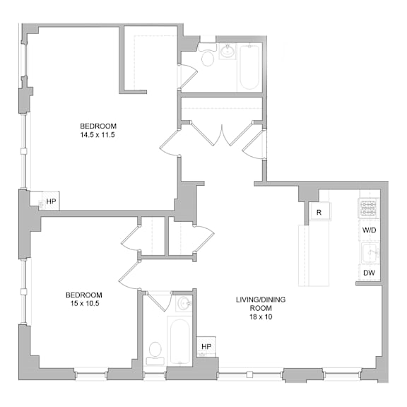 A floor plan of a house with two bedrooms, a living/dining room, and a kitchen.