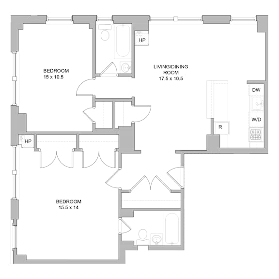 A floor plan of an apartment with two bedrooms, a living/dining room, and a kitchen.