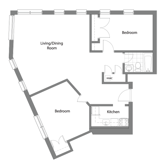 A floor plan of a house with a living/dining room, kitchen, and two bedrooms.