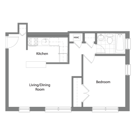 A floor plan of a house with a kitchen, living/dining room, and bedroom.