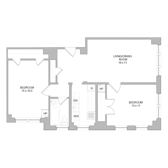 A floor plan of a house with a living and dining room, two bedrooms, a bathroom, a study, and a kitchen.