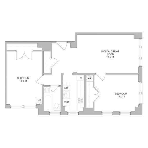 A floor plan of a house with three bedrooms and a living/dining room.