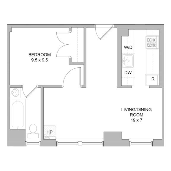 A floor plan of a room with a bedroom, living/dining room, and a hallway.