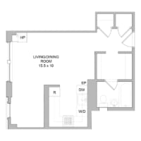 A floor plan of a house with a living and dining room.