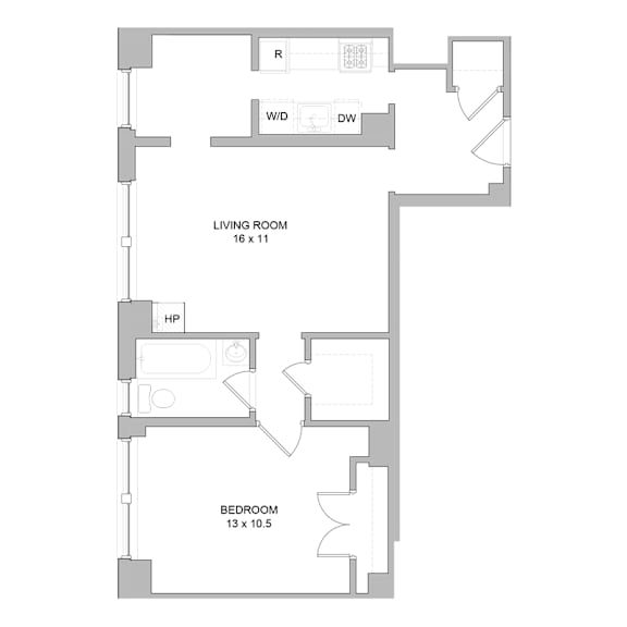 A floor plan of a house with a living room, bedroom, and a bathroom.