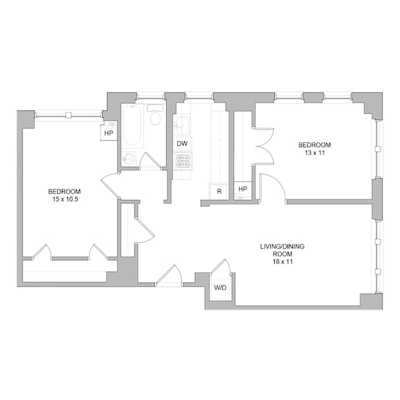 A floor plan of a house with three bedrooms, a living/dining room, and a home office.
