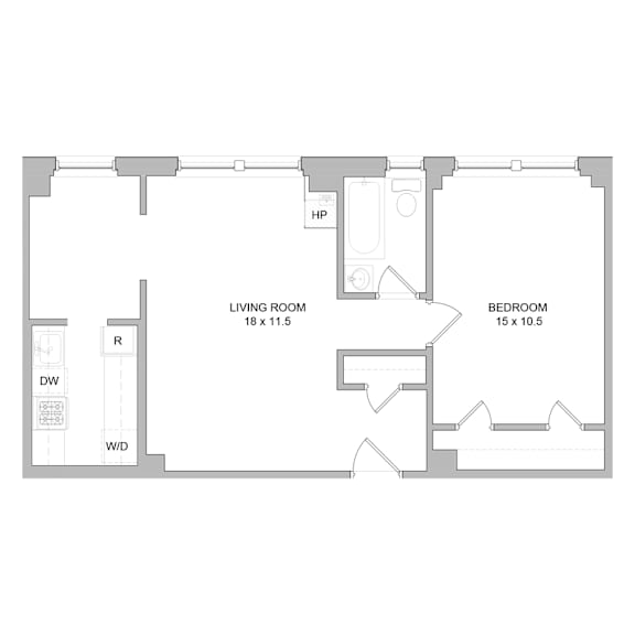 A floor plan of a small apartment with a living room, bedroom, and bathroom.