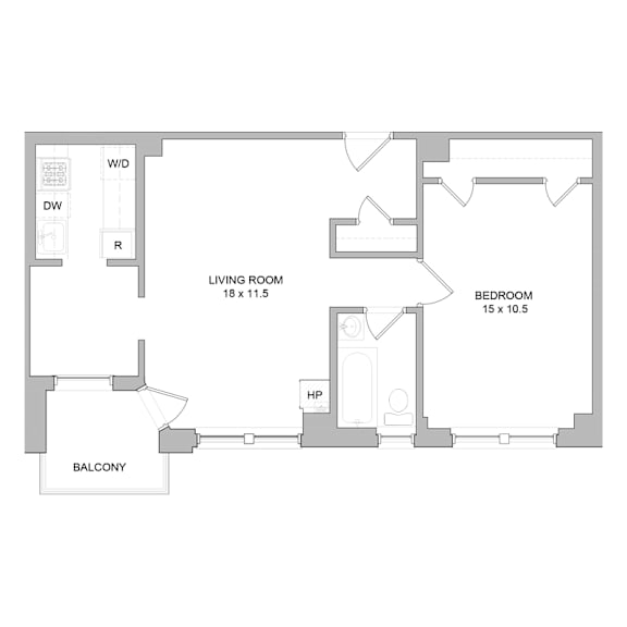 A floor plan of a room with a living room, bedroom, and balcony.