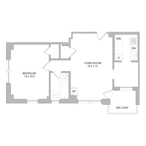 A floor plan of a house with a living room, bedroom, and balcony.