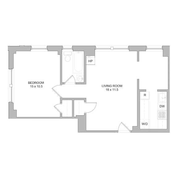 A floor plan of a house with a bedroom, living room, and a kitchen.