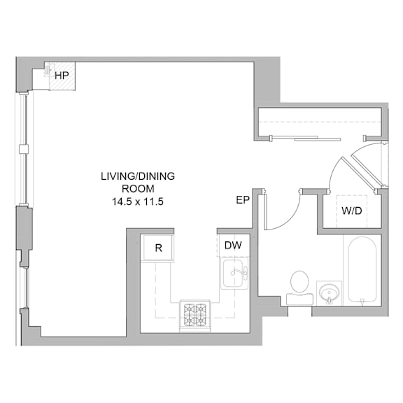 A floor plan of a living and dining room sits to the left of an entry way and a bathroom.