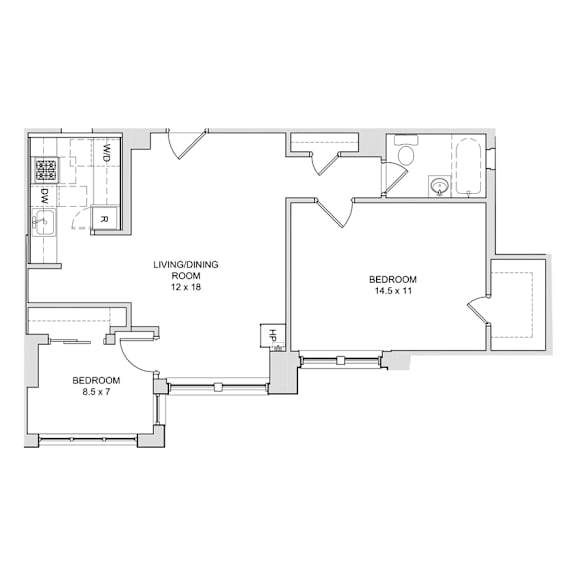 A floor plan of a house with three bedrooms and a living/dining room.