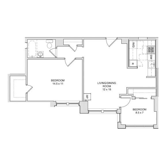 A floor plan of a house with two bedrooms and a living/dining room.