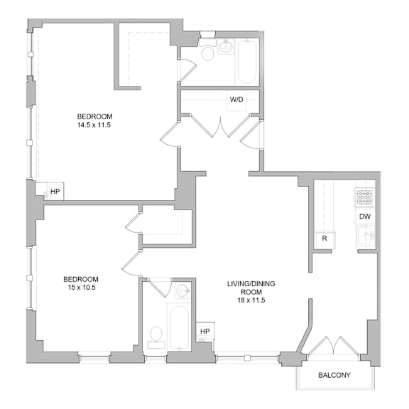 A floor plan of a house with two bedrooms, a living/dining room, a balcony, and a hallway.