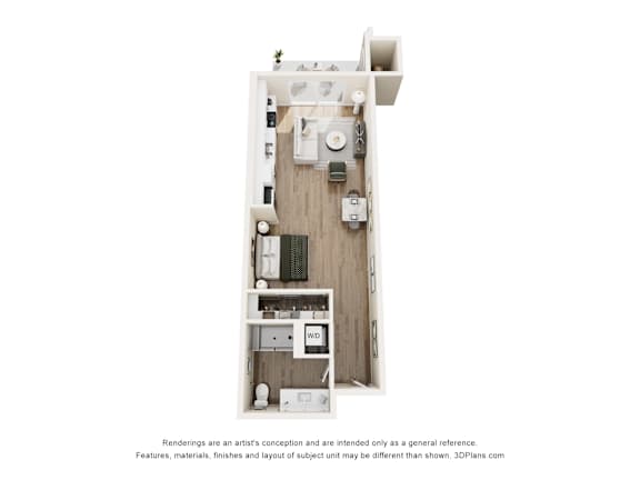A 3D floor plan of a small apartment with a kitchen, living room, and bathroom.