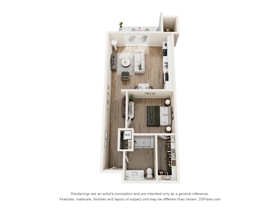 A 3D floor plan of a small apartment with a kitchen, living room, and bathroom.