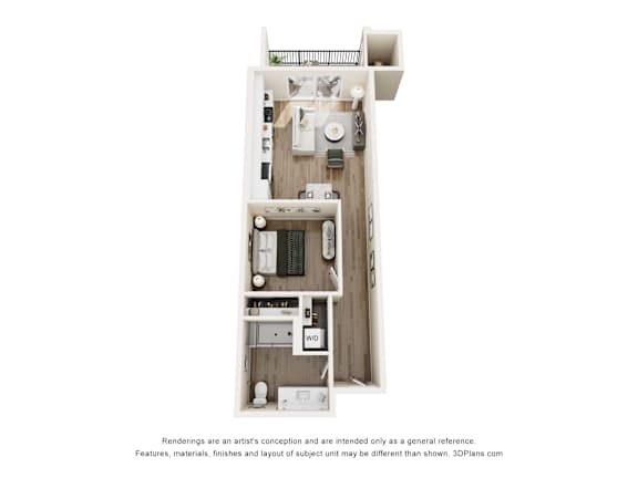 A 3D floor plan of a small apartment with a kitchen, living room, and bathroom.