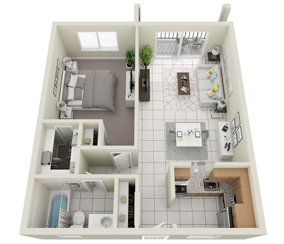 A top down view of a small apartment with a kitchen, living room, and bathroom.