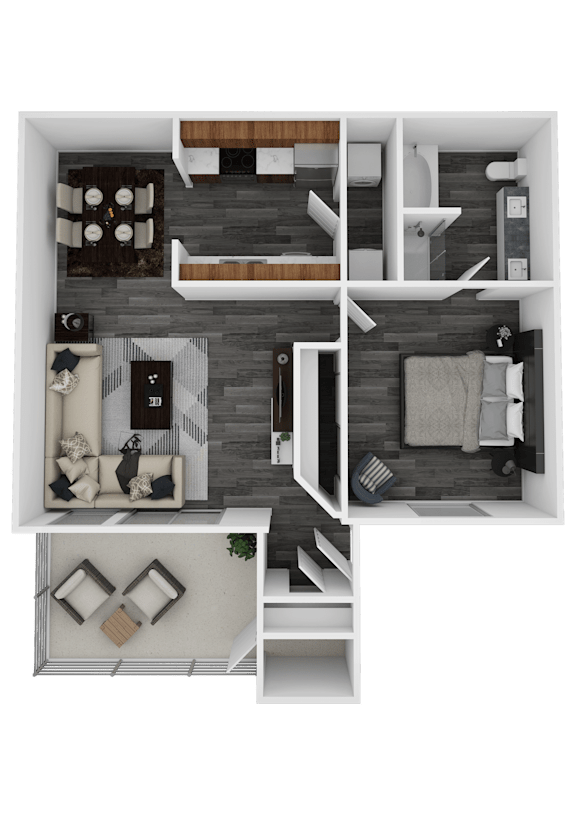 Aruba one-bedroom, one-bath apartment floor plan with 720 square feet, a patio and separate dining area in Henderson, NV.