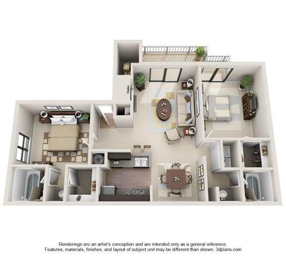 A 3D floor plan of a house with a living room, kitchen, dining room, and two bedrooms.