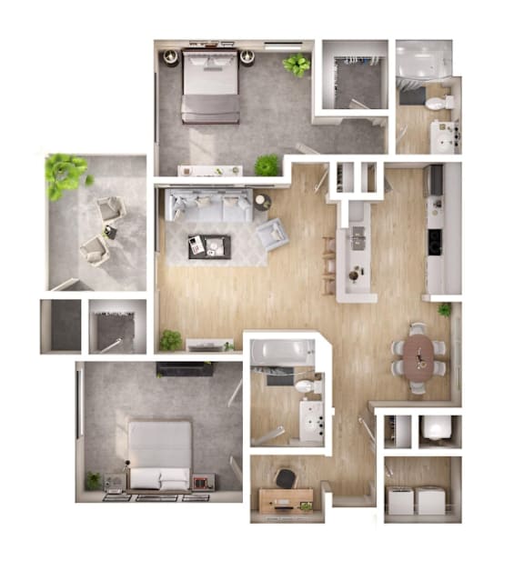 A series of images showing different layouts of a kitchen, living room, and dining area.