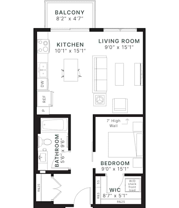 A black and white image of a floor plan for a small apartment.