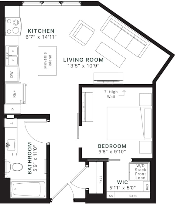 A black and white image of a floor plan for a house with a kitchen, living room, bedroom, and bathroom.