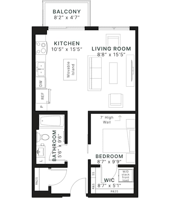 A black and white image of a floor plan for a small apartment.