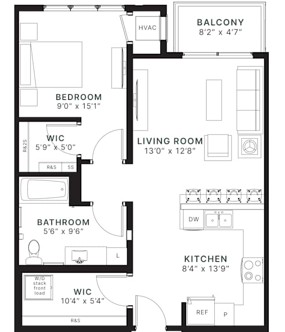 A floor plan of an apartment with a living room, kitchen, bathroom, bedroom and balcony.