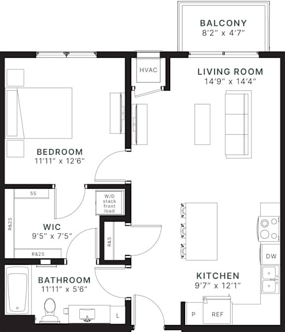 A black and white image of a floor plan for a home with a balcony, living room, bedroom, bathroom, kitchen, and a WIC area.