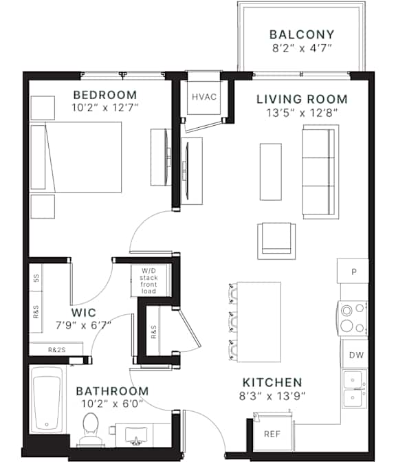 A floor plan of a small apartment with a balcony, bedroom, living room, kitchen, and bathroom.