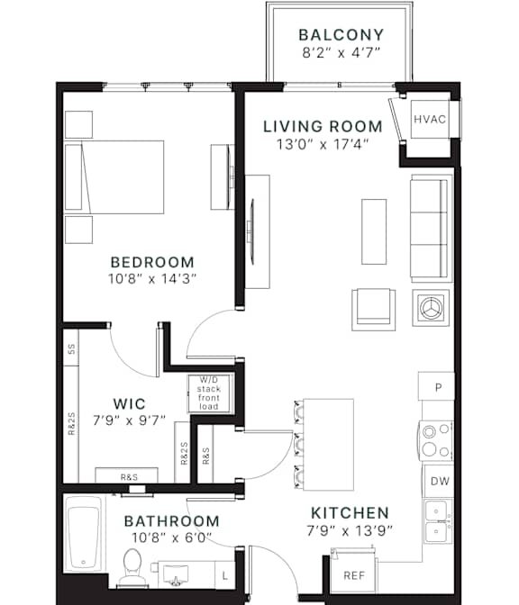 A black and white image of a floor plan for a home with a balcony, living room, bedroom, bathroom, kitchen, and a WIFI area.