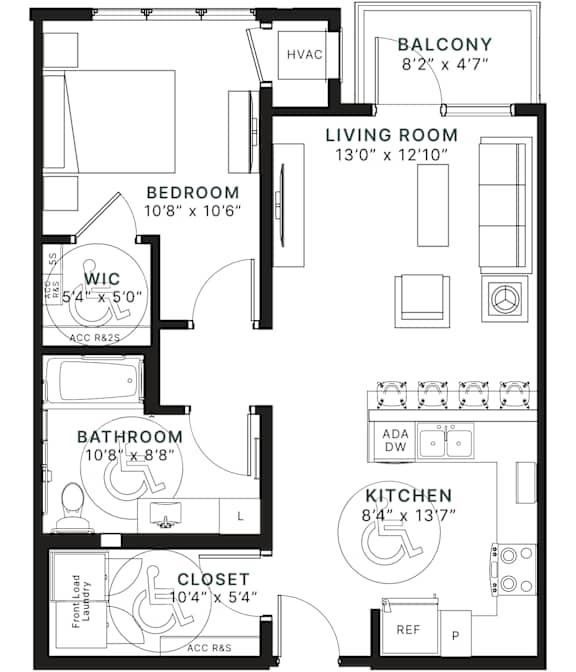 A black and white image of a floor plan for a home with a balcony, living room, bedroom, bathroom, kitchen, and closet.