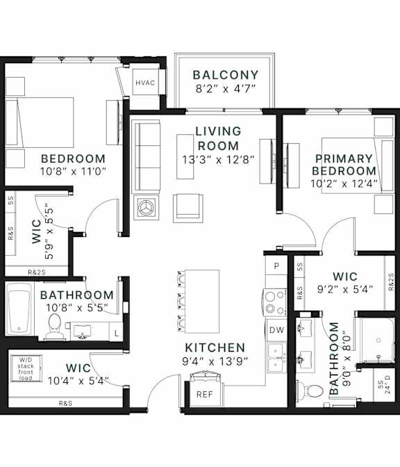 A black and white image of a floor plan for a two-bedroom apartment.