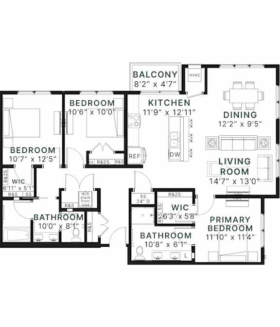A black and white image of a house floor plan with a living room, dining room, kitchen, and four bedrooms.