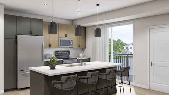 A modern kitchen with a white countertop and grey chairs.