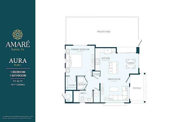 A floor plan for the Amare Santa Fe Aura, a 1 bedroom, 1 bathroom apartment with a private yard.