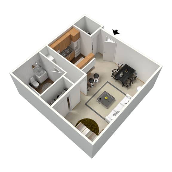 A 3D image of a house layout with a kitchen, living room, and bathroom.