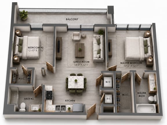 B two-bedroom apartment floor plan at MB Station apartments in Miami, FL featuring two private bedrooms, two bathrooms, an open-concept living area, modern kitchen, and outdoor living space. Pet-friendly apartments near Coral Way, Shenandoah, and Brickell.
