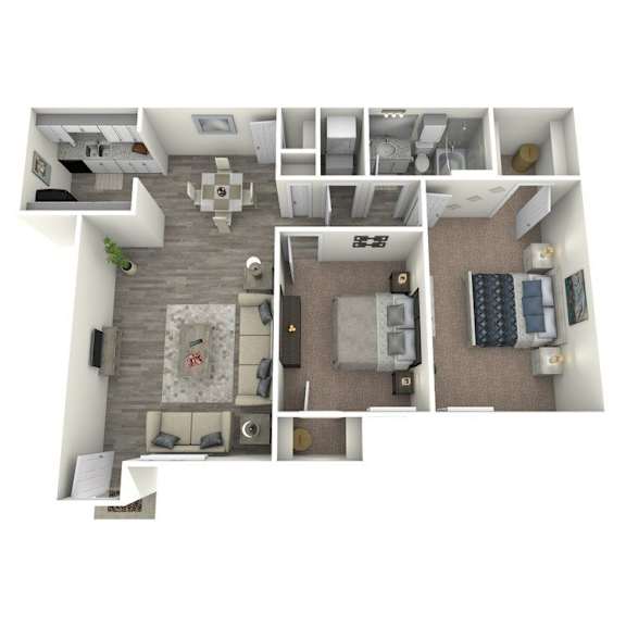 a stylized floor plan with a bedroom and a living room