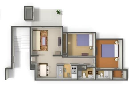 A floor plan of a house with a kitchen, living room, and two bedrooms.