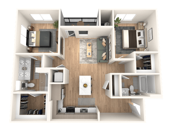 A 3D rendered image of a modern apartment layout.