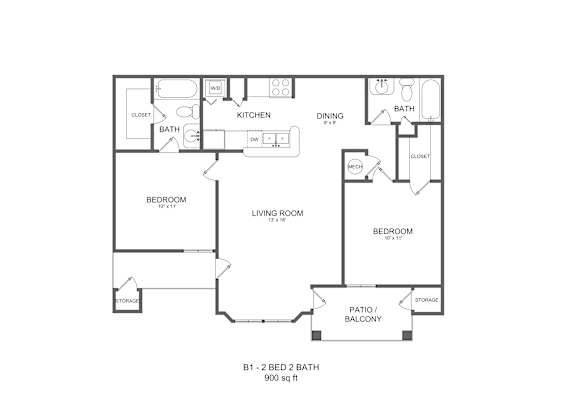 A floor plan of a two bedroom apartment with a living room and a balcony.