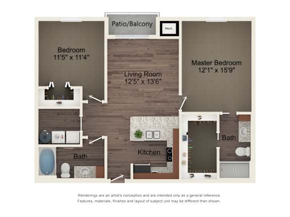 A floor plan of a home with a living room, kitchen, two bathrooms, a master bedroom, and a bedroom.