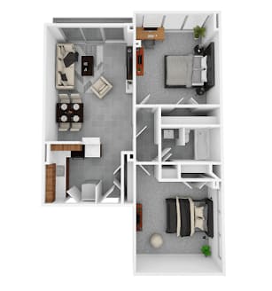 Two-bedroom apartment floor plan at Idlewild 45 Apartments in Memphis TN featuring shared living space and functional layout