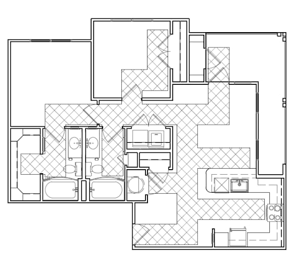 A top-down view of a small apartment with a kitchen, living room, and bedroom.