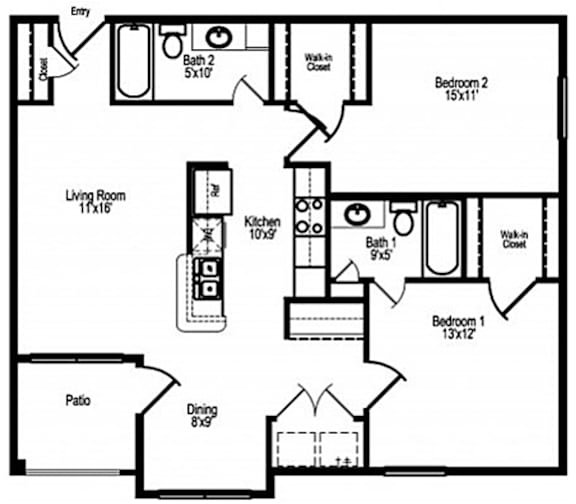 A floor plan of a house with a balcony, HVAC, master bedroom, living/dining area, kitchen, bathroom, and powder room.