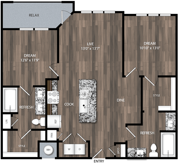 A floor plan of a house with a living room, dining room, kitchen, and bathrooms.