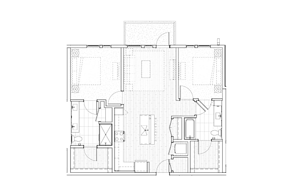 A floor plan of a house with a kitchen, living room, and two bedrooms.